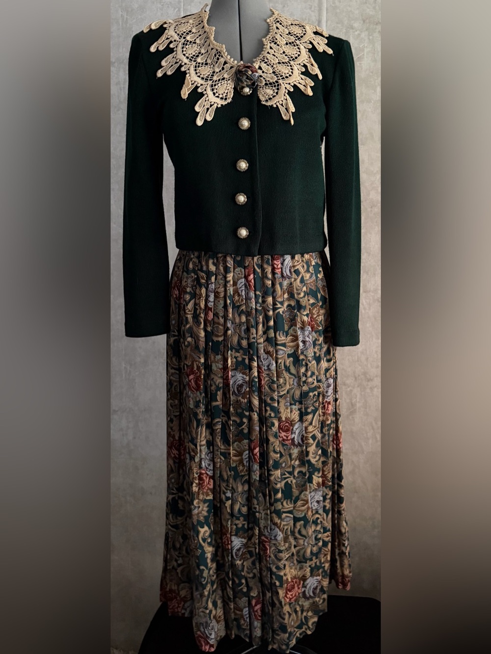 Vtg Jeffrey Dara Linda Hutley Pleated Skirt Suit Set 80s Lace Collar Green 7/8